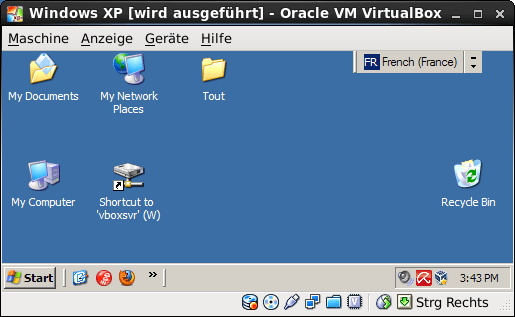 Screenshot of VirtualBox running Windows on CentOS