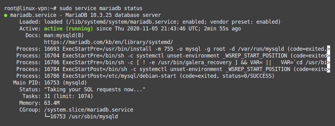 MariaDB or MySQL status - LEMP on Ubuntu